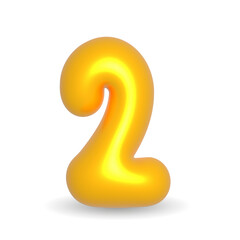 Number Two. 2 Golden Balloon 3d rendered. Realistic design element for events. Happy Birthday, Anniversary Party and events. 3d Render illustration isolated on white background with alpha channel.