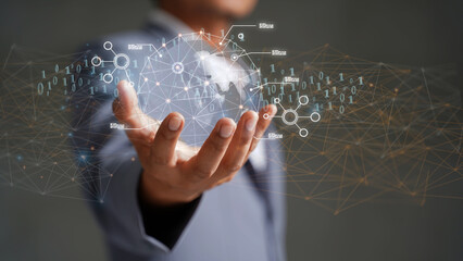 Blockchain technology and blockchain network business banner ideas Global cryptocurrency blockchain title. Blockchain title side view with 0's and 1's flying on top. image of investors