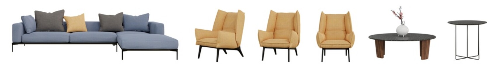 Set of modern interior furniture on transparent background, armchair, blue sofa, marble table, 3d render illustration.