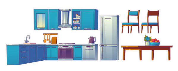 Obraz premium Kitchen room cartoon vector interior set with table and fridge. Isolated home dining furniture illustration on white background. Modern flat design with blue cupboard and cooking appliance kit.