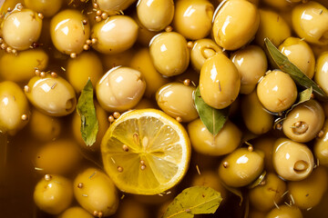 Cheese stuffed olives. Close-up pile of green olives with olive oil and spices