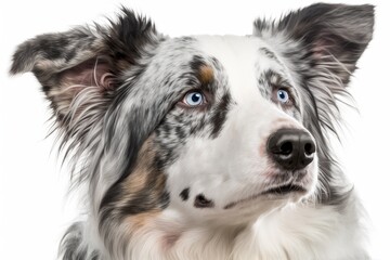 A head shot of a Bleu merle border collie, set against a white background. Generative AI