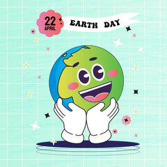 International Earth Day. Cartoon cute smile earth planet character. World Environment Day retro style. Flower Power Planet. Save the Earth. 70s. 60s. Green planet. Hand holding the planet.