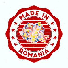 Made In Romania. Country round stamp. Seal of Romania with border shape. Vintage badge with circular text and stars. Vector illustration.
