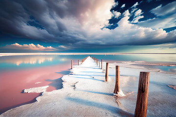 The beautiful salt lake, blue sky and pink water form an amazing landscape.
