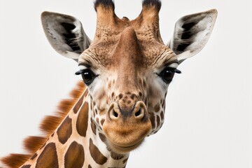 Close up shot of a giraffe's head on a white background. Generative AI