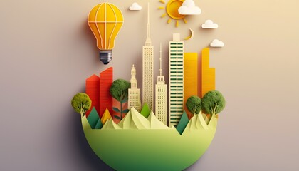 Green Eco City: Achieving Carbon-Neutral Energy and Saving the Environment with Renewable Energy  Paper Cut of Light Bulb and Greenhouse Gas Emission CO2