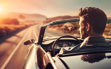 Young man driving in a convertible sports car photo from behind with copy space