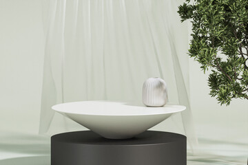 Realistic 3D render blank empty stylish white round table for beauty cosmetic display with mediterranean green plants with blowing white sheer curtains, morning sunlight, foliages.