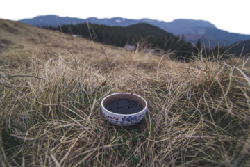 Ceramic tea mug standing in dried grass isolated PNG photo with transparent background