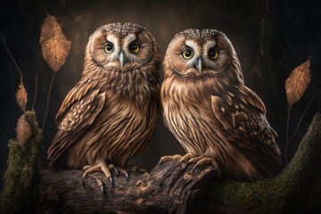 Two Athene noctua owls sitting on a beautiful background. Generative AI