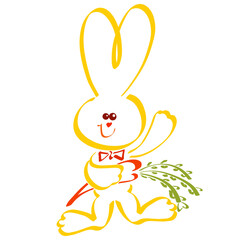 cute yellow rabbit with ears and heart shaped carrot waving paw, colorful sketch