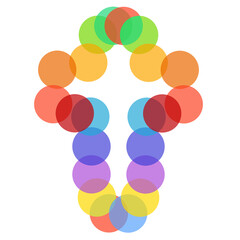 Christian colorful cross made of multicolored round translucent highlights on a white background