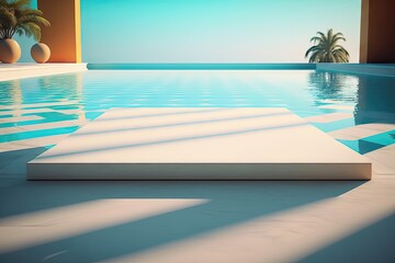 Empty poolside surface with summer travel hotel swimming pool blurred background 2. Generative AI