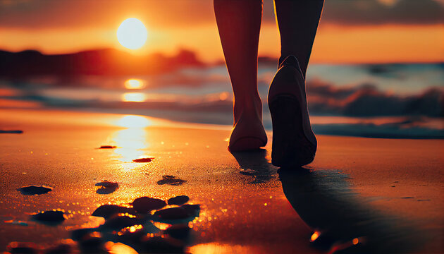close up of woman feet walking onthe beach at sunset with Generative AI Technology