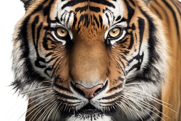 Close up of the head of a staring tiger, isolated on white. Generative AI