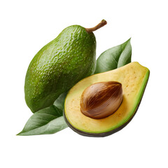 AI generated realistic illustration of whole and halved fresh healthy raw avocado with green leaves against white background