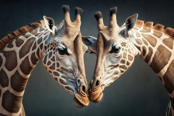 Two giraffes with their necks tied together. Generative AI