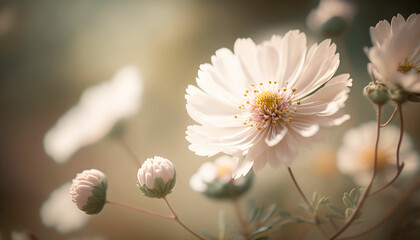 soft, pastel colors and a shallow depth of field to capture the delicate details of flowers in the foreground. 