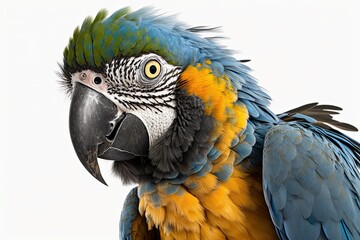 Obraz premium Eight month old Blue and yellow Macaw (Ara ararauna) in front of a white background. Generative AI