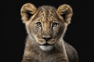 Plakat Front view of a portrait of a lion cub looking at the camera, isolated on a black background. Generative AI