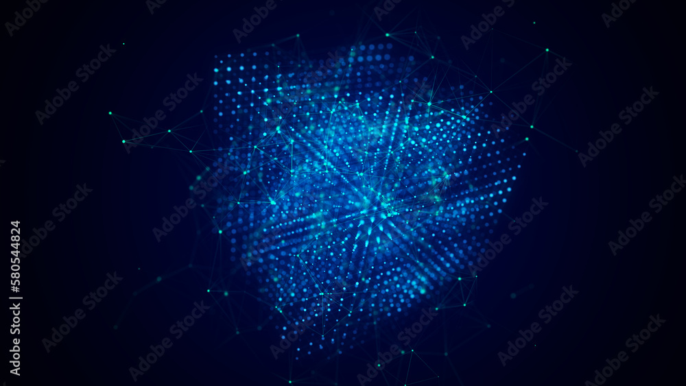 Poster Futuristic cube with connected particles in cyberspace. Technology blockchain concept. Big data flow connections. Visualization of the dynamic flow of the cryptocurrency industry. 3D rendering.
