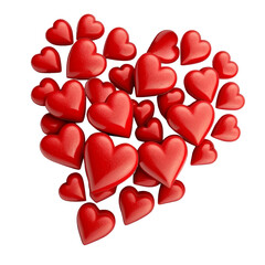 AI generated illustration of pile of red hearts of various sizes with glossy surface isolated against white background