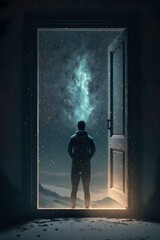 Threshold of Contemplation: A Man's Pause at the Doorway, generative ai
