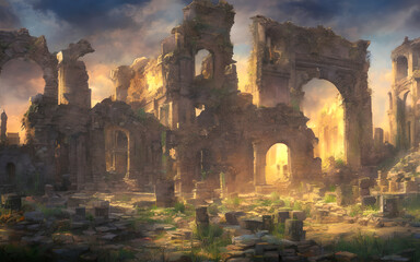 Fictional ruined arches of an old fantasy city. Generative AI creation.
