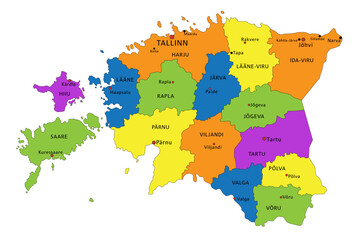 Colorful Estonia political map with clearly labeled, separated layers. Vector illustration.