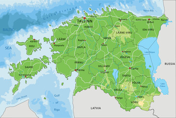 Highly detailed Estonia physical map with labeling.