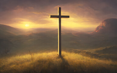 A wooden Easter cross on a grassy hill at sunset. Religious Christian symbols. Generative AI creation.
