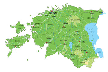 Highly detailed Estonia physical map with labeling.