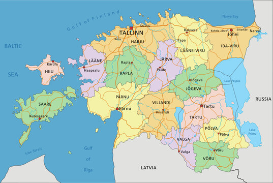 Estonia - Highly detailed editable political map with labeling.