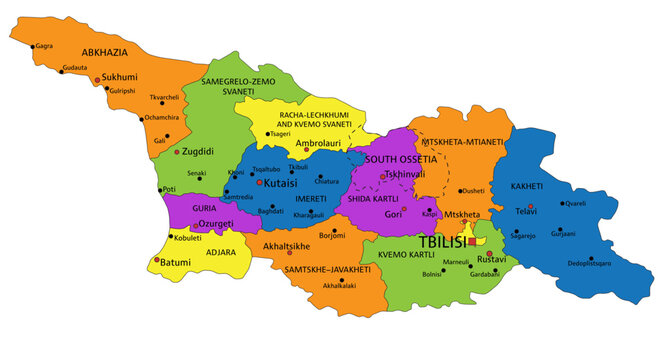 Colorful Georgia political map with clearly labeled, separated layers. Vector illustration.