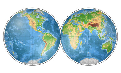 Highly detailed physical World Map in globe shape of Earth. Nicolosi globular projection – 3D.