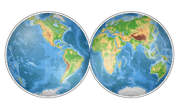 Highly detailed physical World Map in globe shape of Earth. Nicolosi globular projection – 3D.