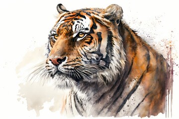 A watercolor drawing of a tiger. Portrait on a white background as a picture. Generative AI