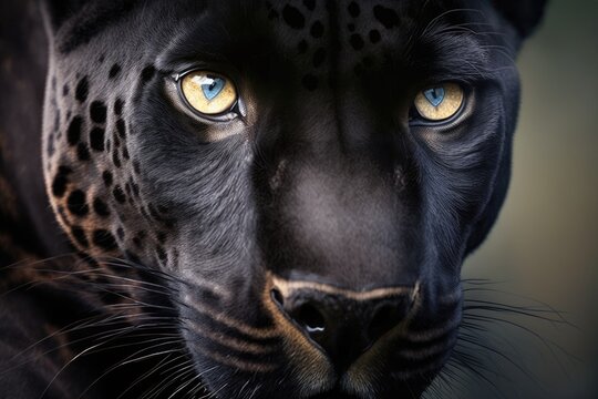 Close up of the face of a black panther, which is a dangerous animal. Close up pictures of a black panther's face. Generative AI