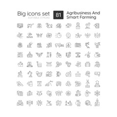 Agribusiness and smart farming linear icons set. Agriculture technologies. E-agriculture. Process automation. Customizable thin line symbols. Isolated vector outline illustrations. Editable stroke