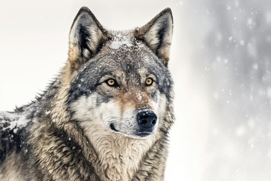 A picture of a gray wolf with snowflakes on its fur, set against a white background. Generative AI