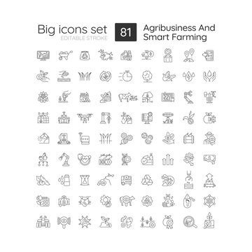 Agribusiness and smart farming linear icons set. Agriculture technologies. E-agriculture. Process automation. Customizable thin line symbols. Isolated vector outline illustrations. Editable stroke