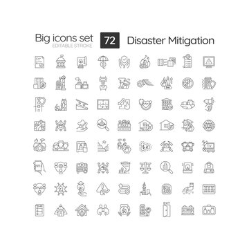 Disaster mitigation linear icons set. Risk management. Damage prevention. Strategy and planning. Customizable thin line symbols. Isolated vector outline illustrations. Editable stroke