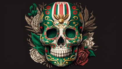 ﻿A colorful Mexican Skull illustration commemorating Cinco de Mayo. AI generation