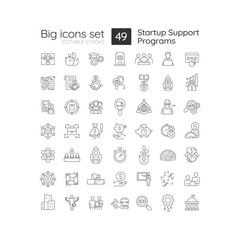 Obraz na płótnie Canvas Startup support programs linear icons set. Financial support for business. Investments. Development strategy. Customizable thin line symbols. Isolated vector outline illustrations. Editable stroke