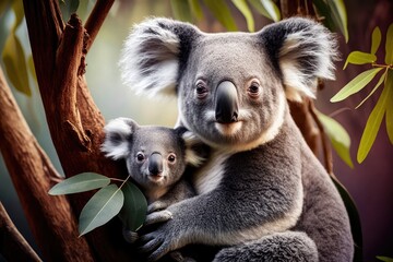 Australian koala bear with her baby or joey in a eucalyptus or gum tree in Sydney, NSW, Australia. A strange, well known Australian animal with its baby in a lush jungle rainforest. Generative AI