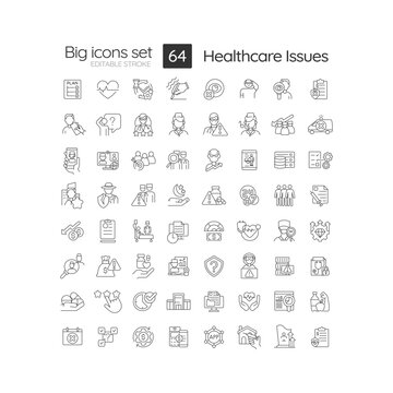 Healthcare issues linear icons set. Medical error and negligence. Healthcare clinic. Treatment challenge. Customizable thin line symbols. Isolated vector outline illustrations. Editable stroke
