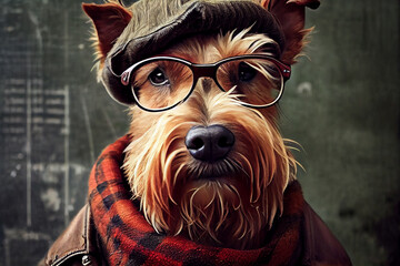 Funny dog in hipster wear. Ireland terrier looks at copy space, winter accessories or seasonal concept