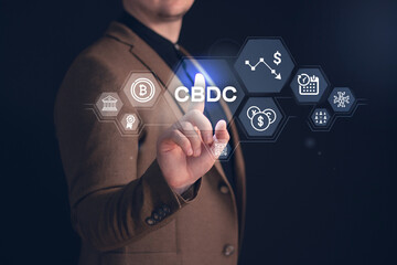 The businessman clicks on a digital hologram with a CBDC concept presentation. The concept of the digital currency of the Central Bank CBDC