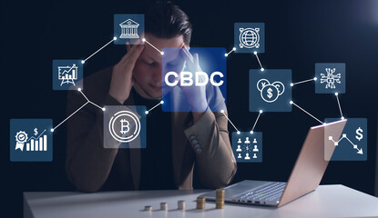 The businessman is thinking about financial risks. The concept of investment formation. CBDC Central bank digital currency concept CBDC. Cryptocurrency. Stock market. Digital currency. Blockchain